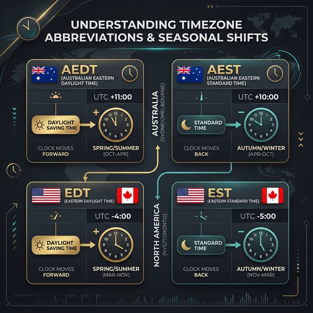 Infographic explaining the differences between AEDT, AEST, EST, and EDT