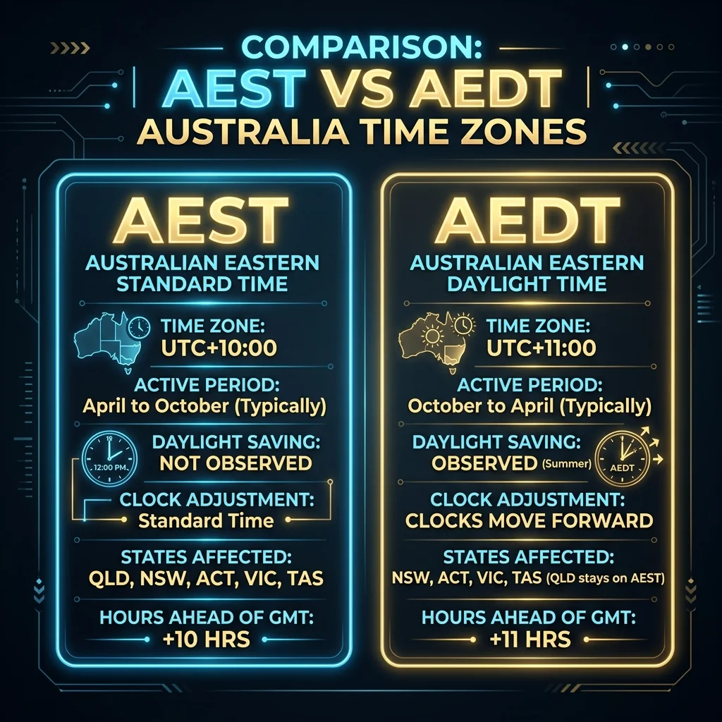 AEST vs AEDT Comparison Graphic showing offset changes