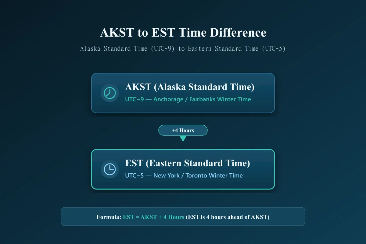 AKST to EST time difference showing a four hour offset