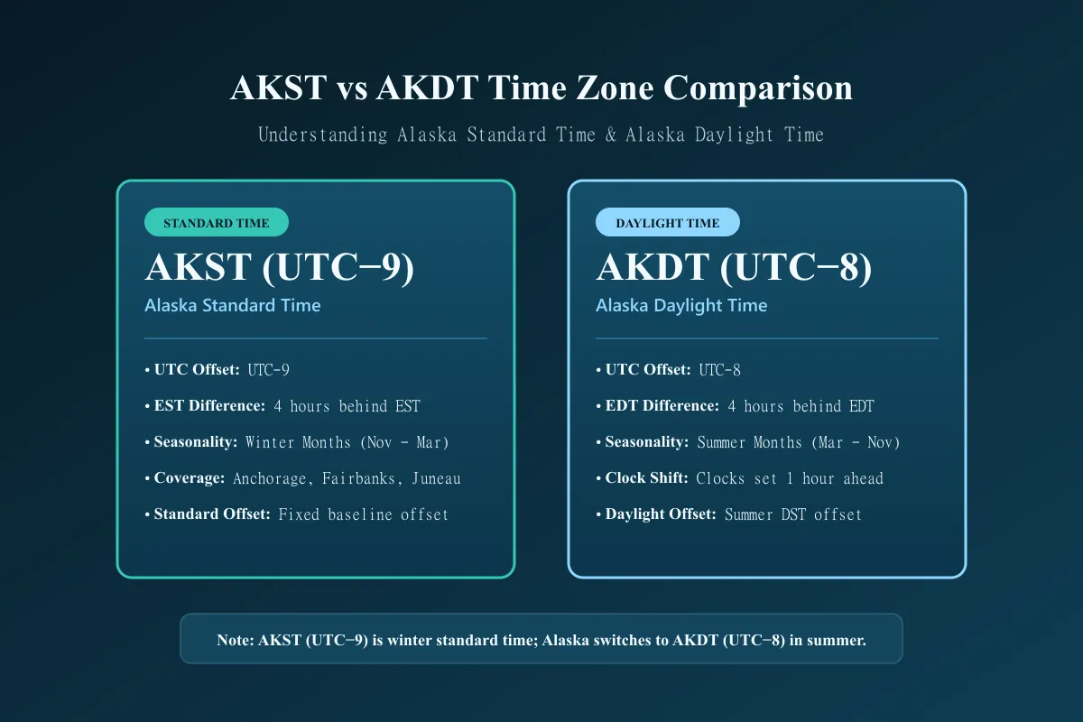 AKST versus AKDT showing Alaska Standard Time and Alaska Daylight Time offsets