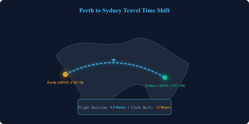 Australia Travel Time Zone Illustration showing route shifts from Perth to Sydney