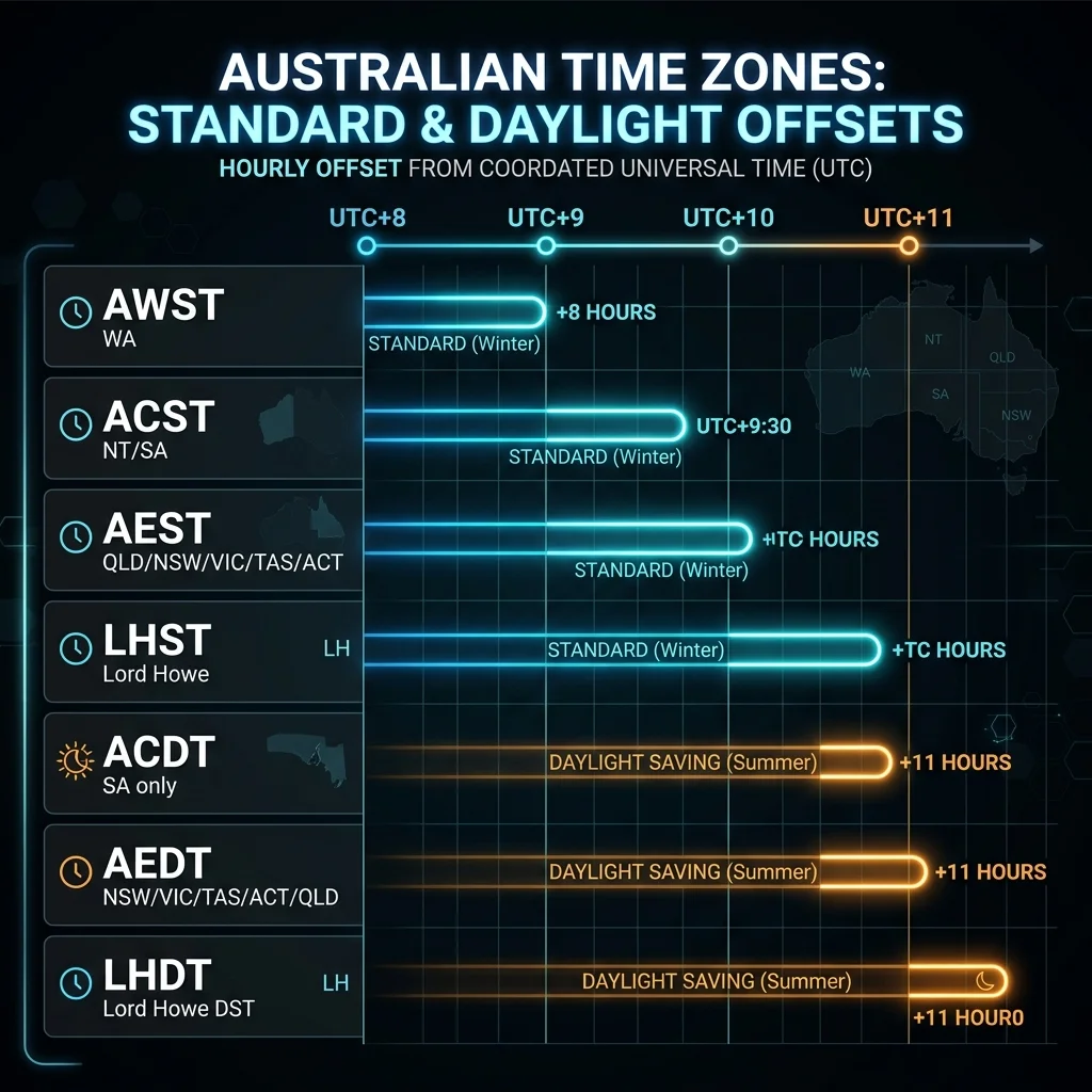 Australia UTC Offset Infographic comparing standard and daylight offsets