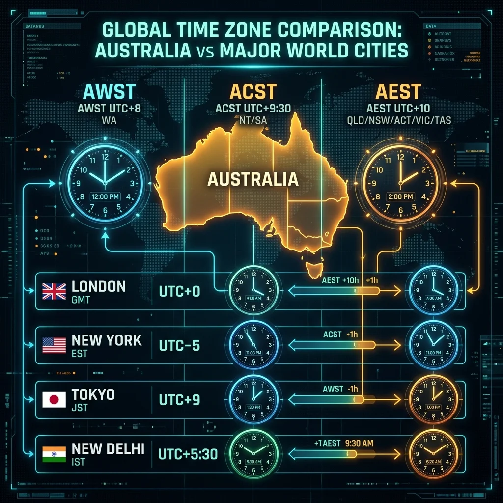 Australia vs World Time Comparison showing relative offsets with major capitals