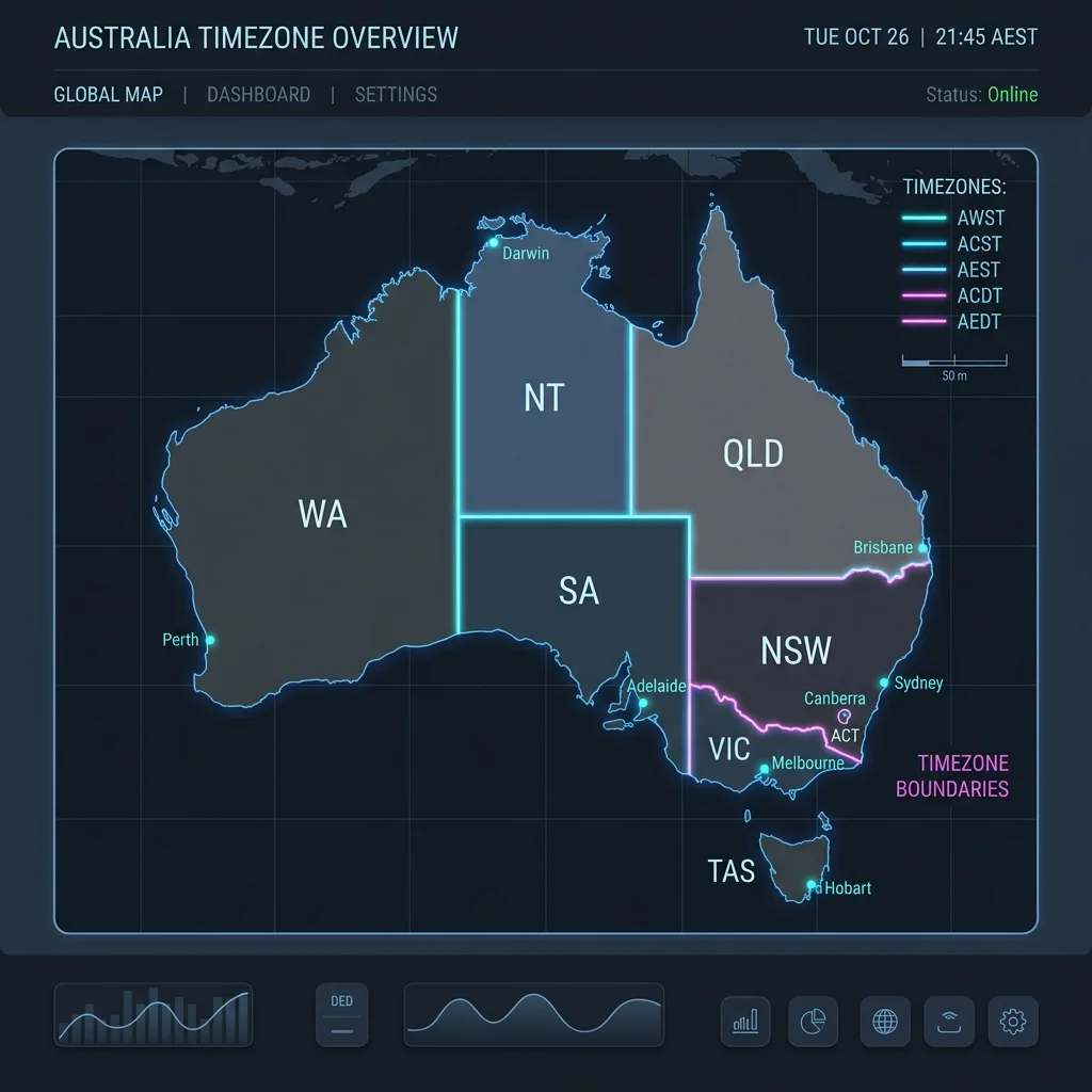 Australian States Time Zone Map showing specific regional boundaries