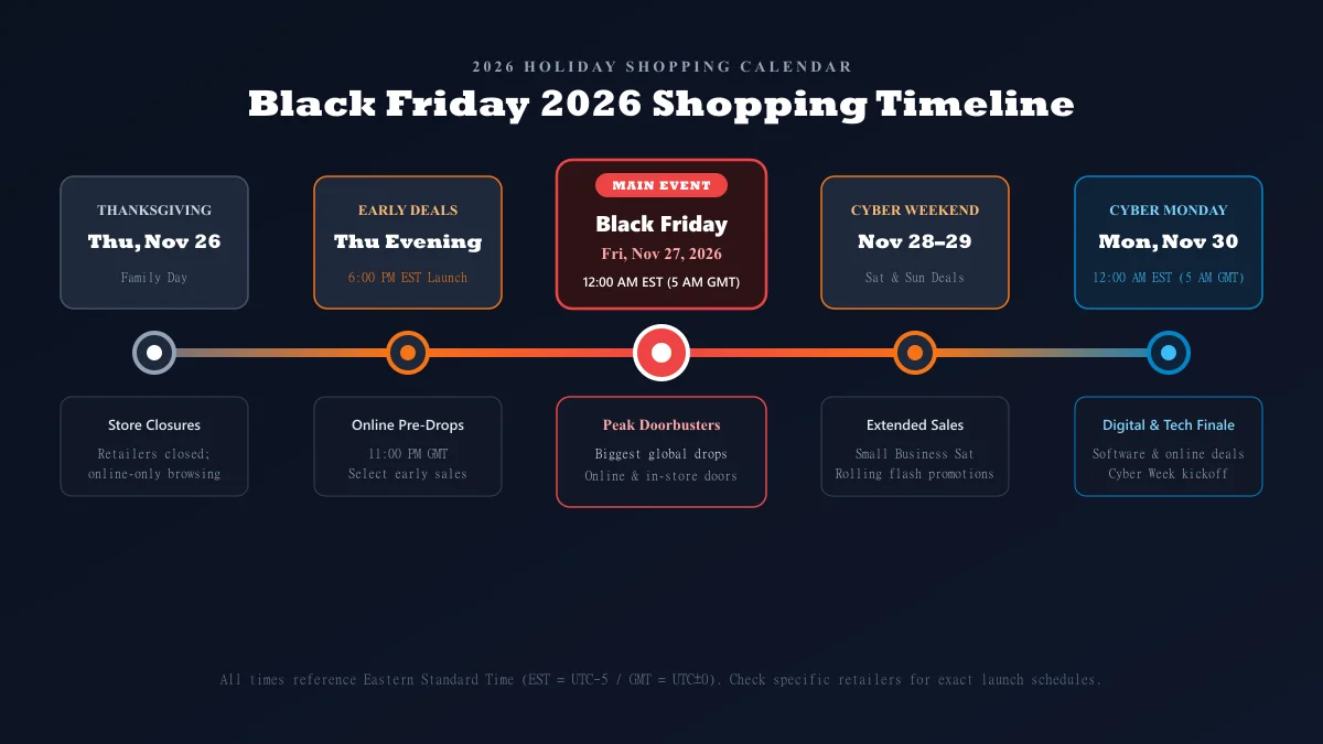 Black Friday 2026 shopping timeline from Thanksgiving to Cyber Monday