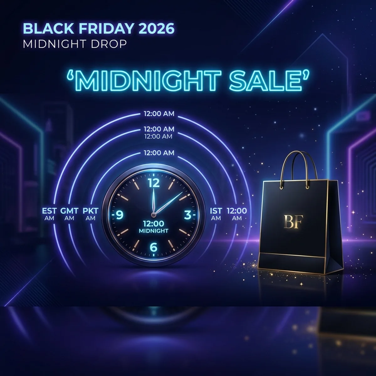 Black Friday 2026 GMT time conversion guide featuring glowing clocks, shopping bags, and global timezones