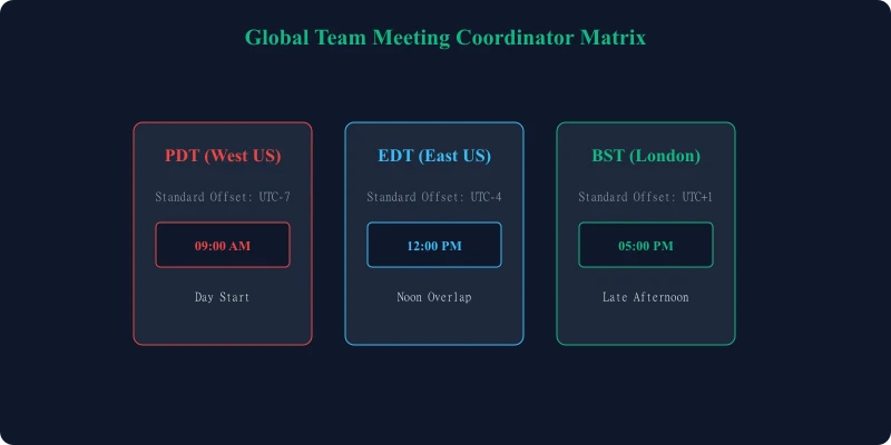 Global Team Meeting Coordinator Matrix showing overlaps across PDT, EDT, and BST