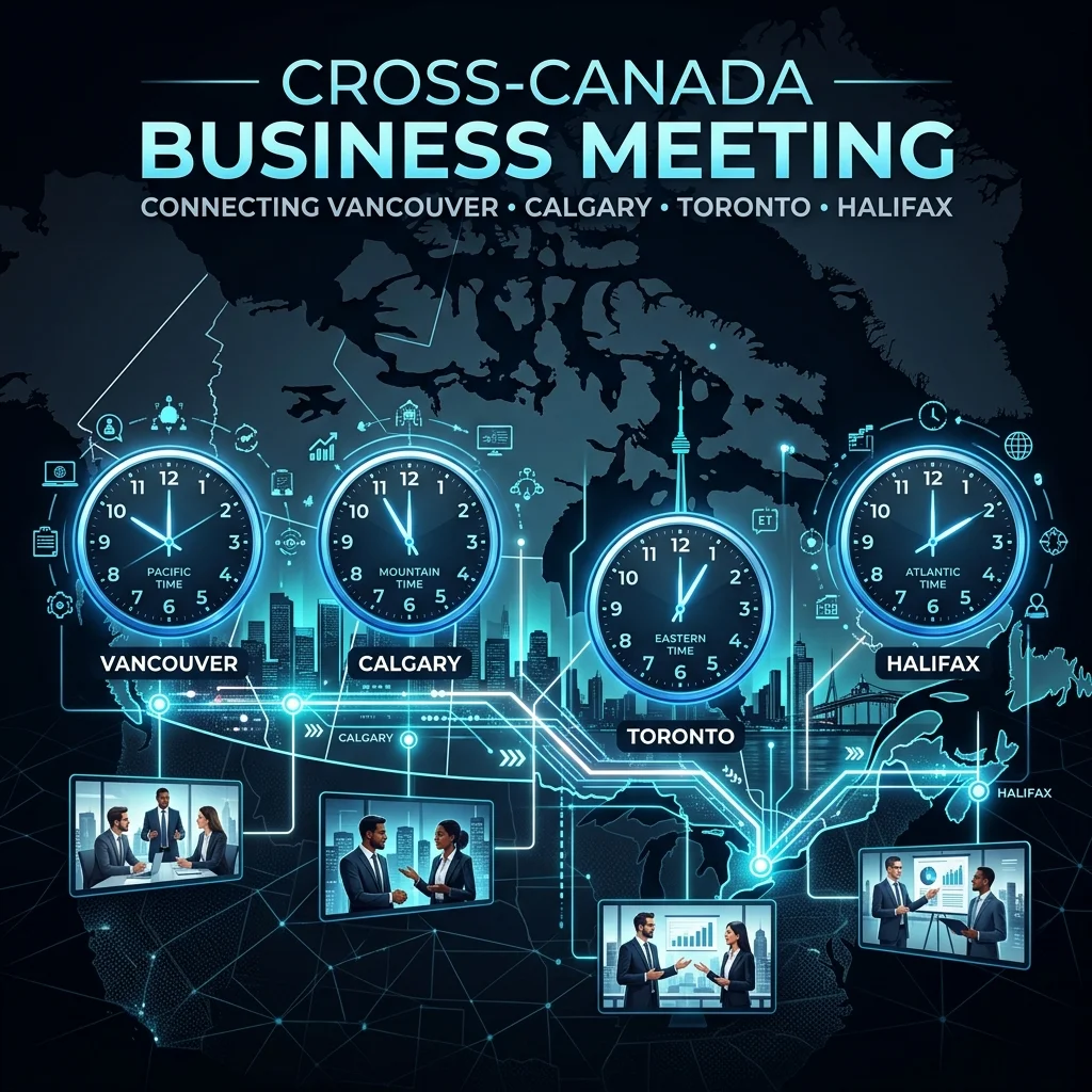 Business Meeting Across Canada Illustration showing scheduling overlap