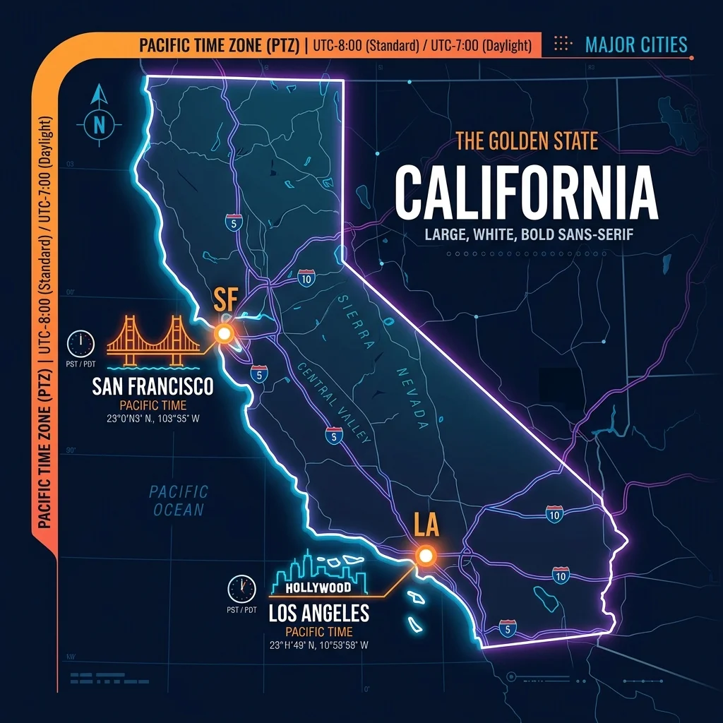 California Time Zone Map showing Pacific Time Zone