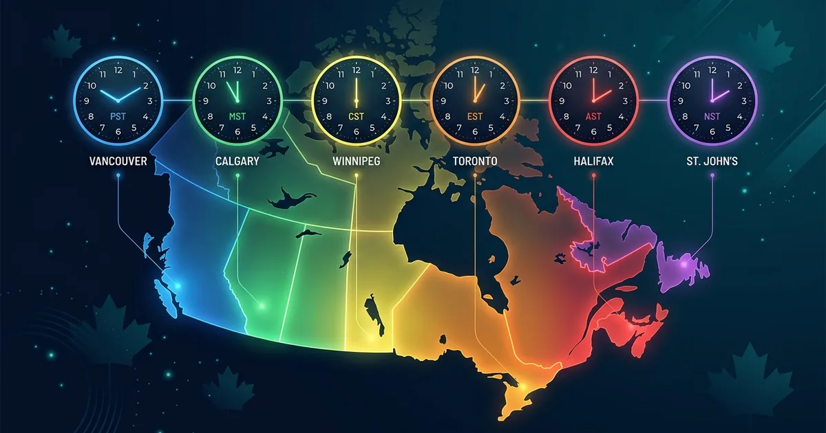Canada time zones map showing six standard time zones with clocks displaying different local times across major Canadian cities