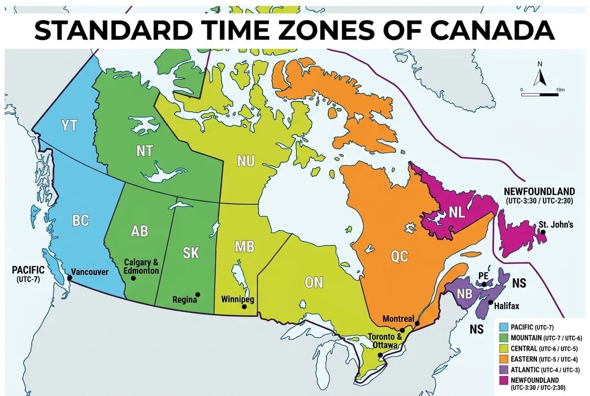 Canada time zones map showing six standard time zones with province and territory boundaries and major cities labeled