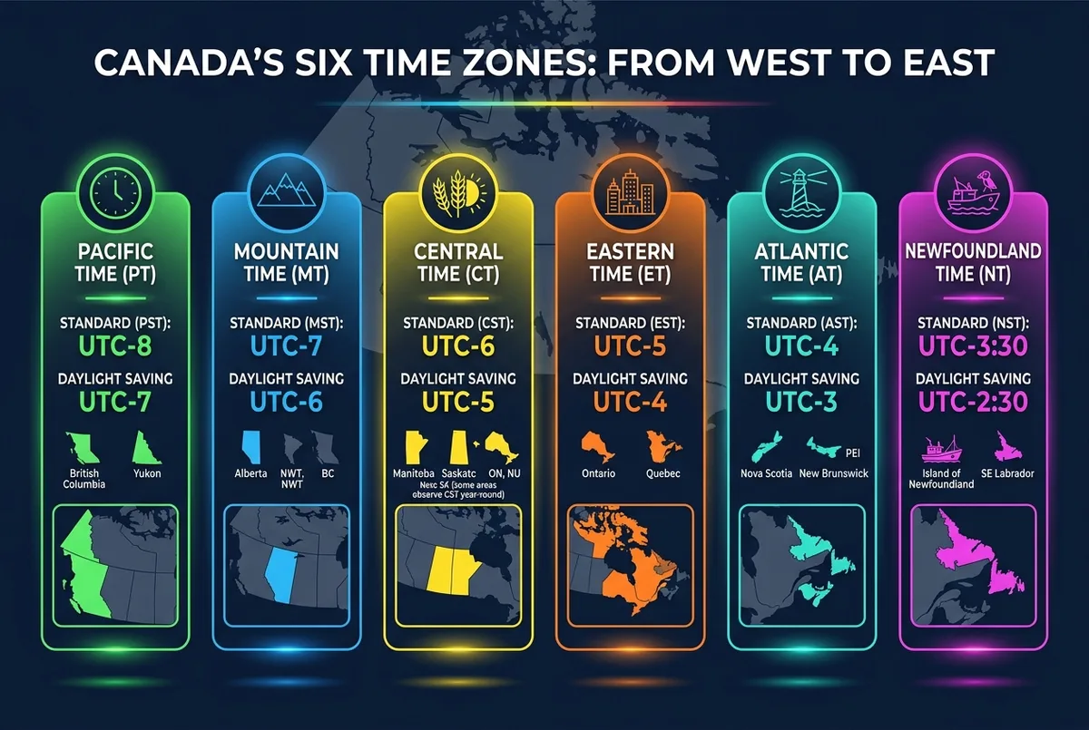 Canada time zones UTC offset infographic showing all six zones from Pacific to Newfoundland with standard and daylight saving offsets