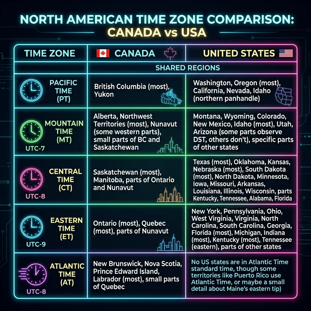 Canada vs USA Time Zone Comparison showing cross-border alignment