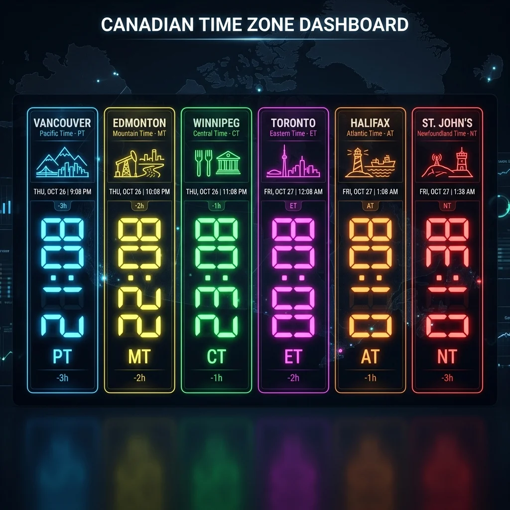 Canadian Cities Time Comparison Dashboard showing relative local times