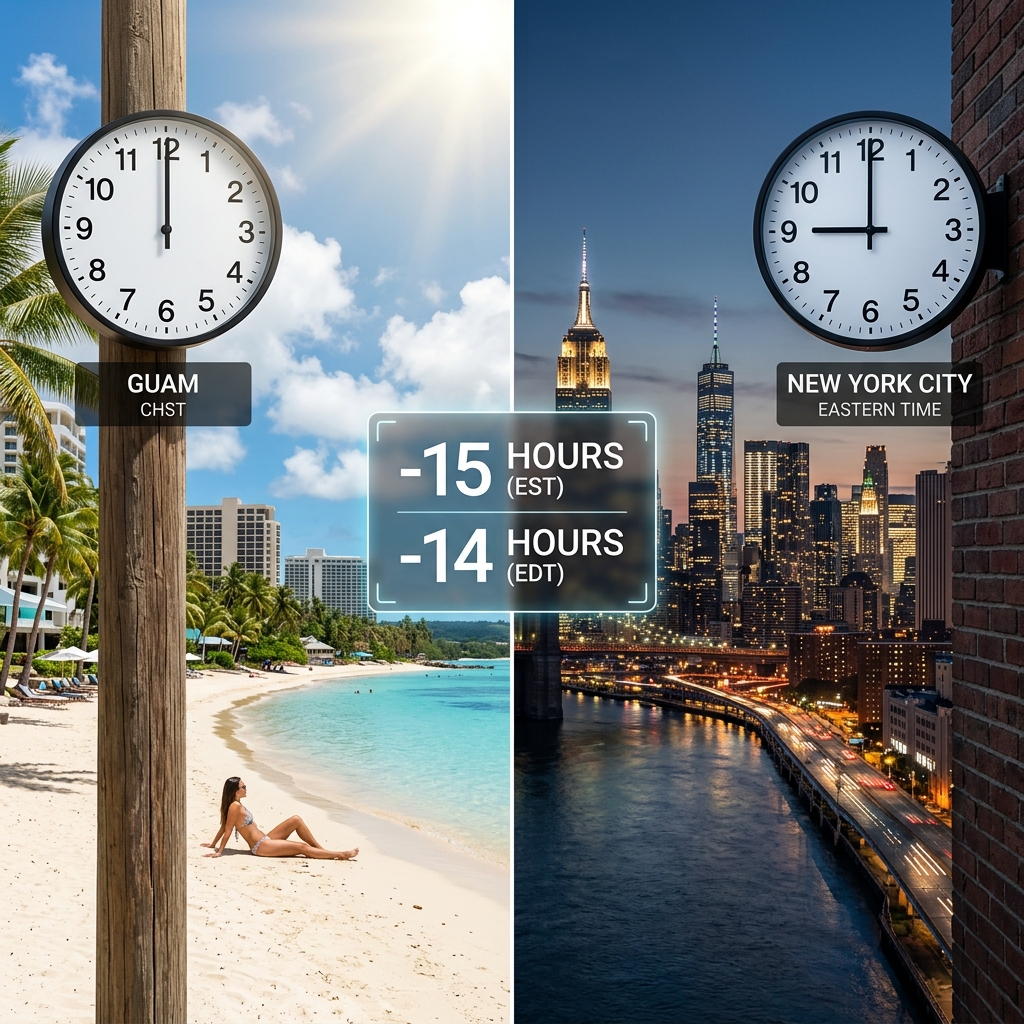 Split view comparing daytime in Guam with evening in New York showing the CHST to Eastern Time difference
