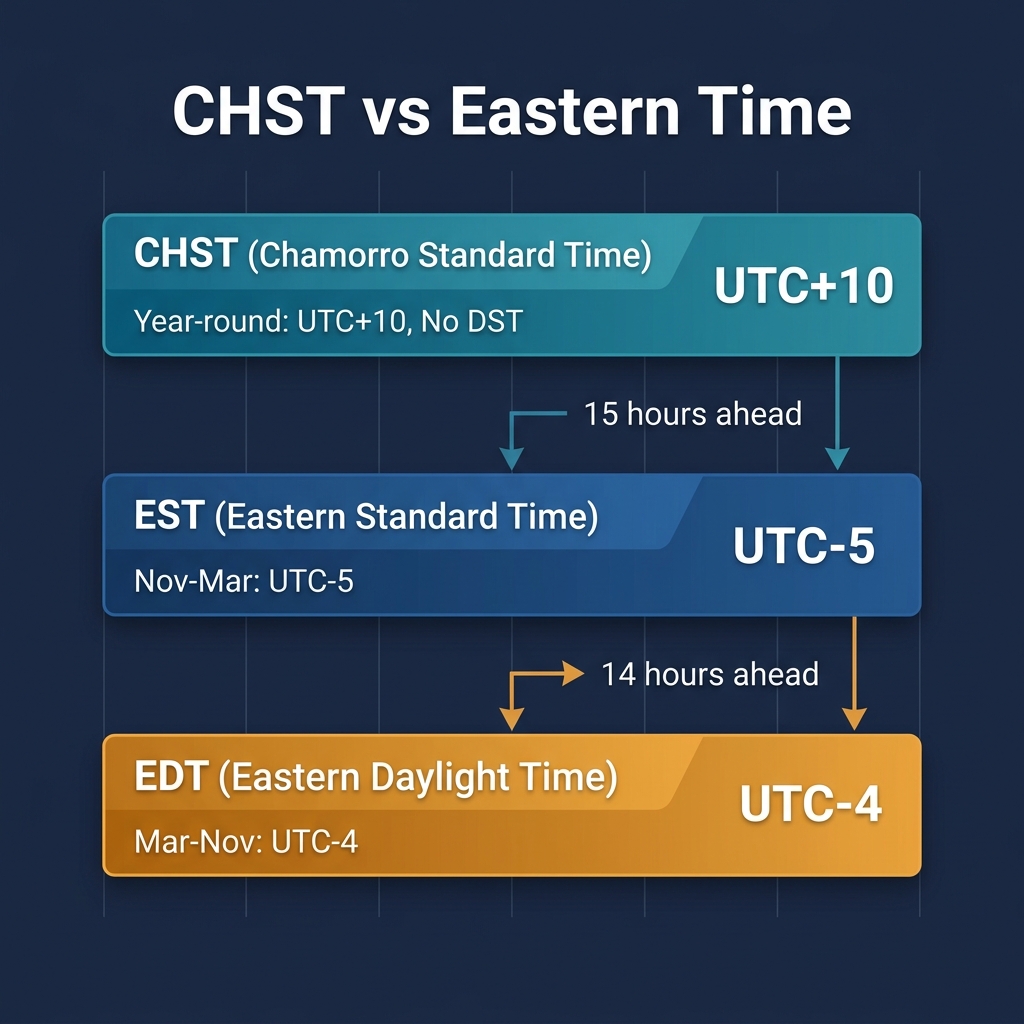 Infographic showing CHST at UTC+10, EST at UTC-5, and EDT at UTC-4 with the 15-hour and 14-hour differences