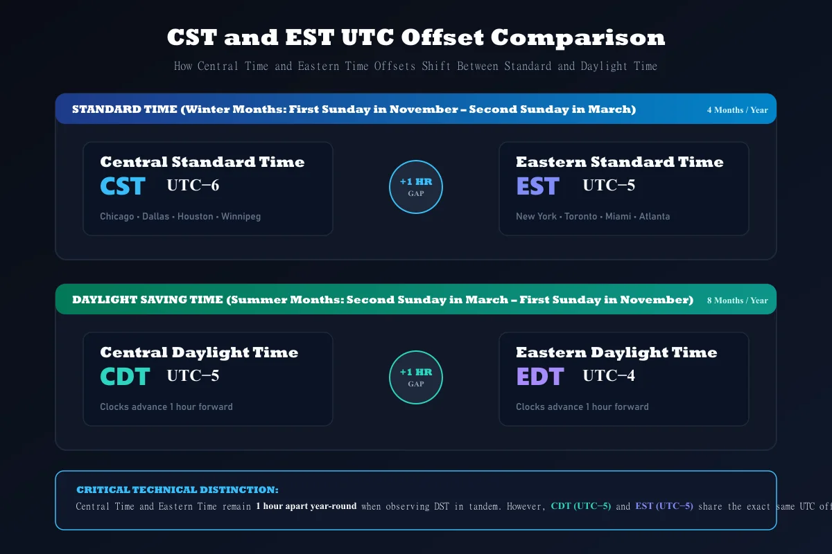 CST and EST UTC offsets compared with CDT and EDT daylight time offsets
