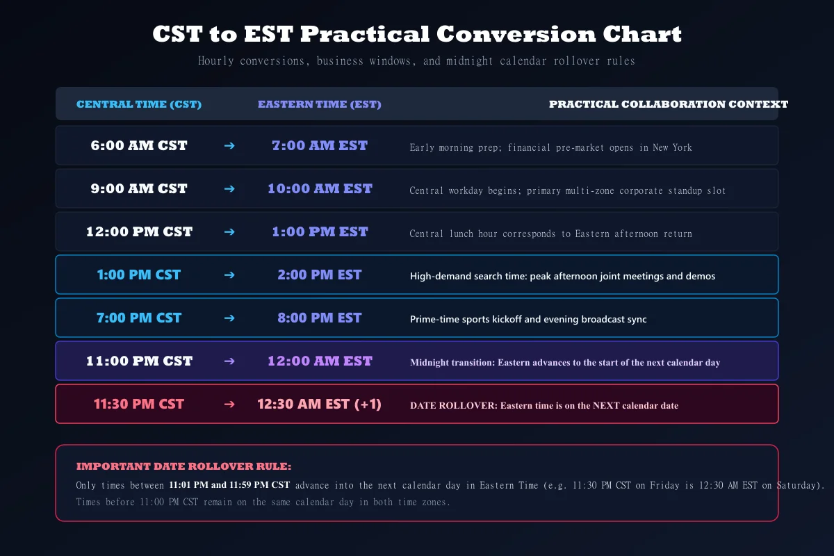CST to EST conversion chart showing common Central Time to Eastern Time examples and date rollover
