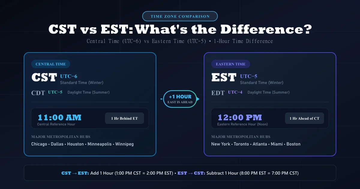 CST vs EST comparison showing the one-hour difference between Central Standard Time and Eastern Standard Time