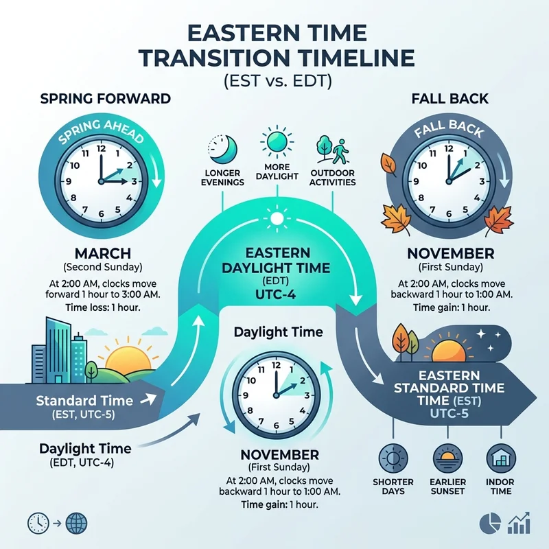 Eastern Time Daylight Saving Time (DST) shift calendar transition showing EST and EDT periods