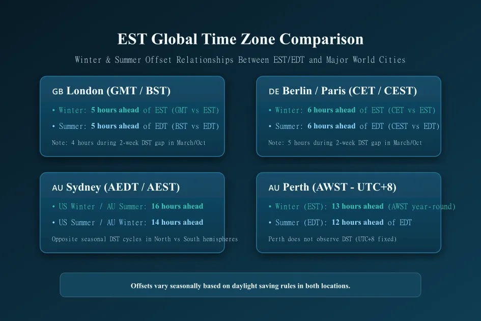 EST compared with London Berlin Sydney and Perth time zones