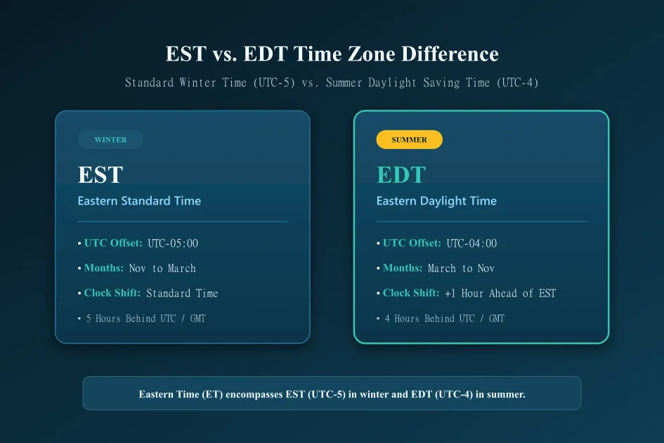 EST vs EDT showing Eastern Standard Time UTC-5 and Eastern Daylight Time UTC-4