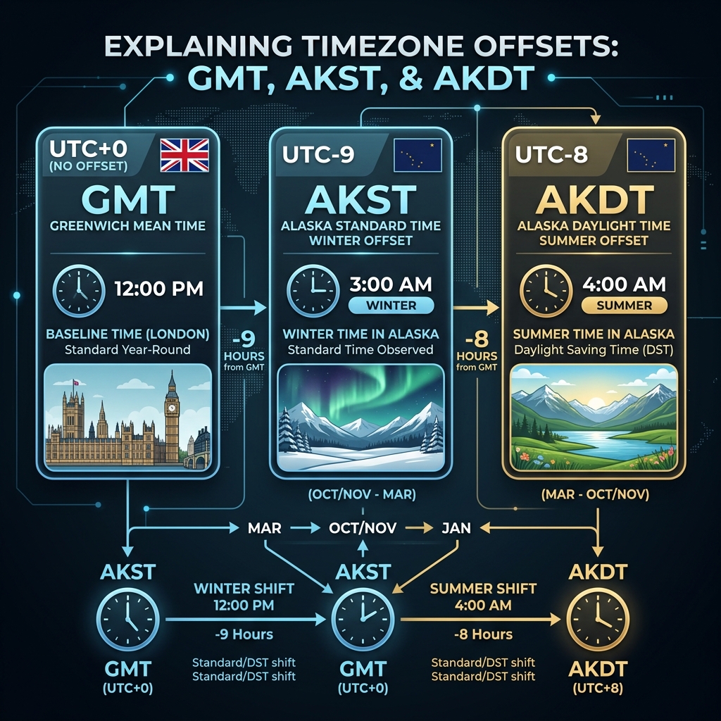 Comparison showing the timezone offset changes between AKST and AKDT relative to GMT