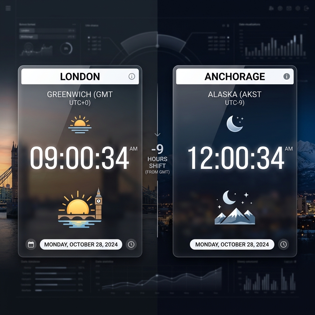 Visual representation of the 9 hour time difference between GMT and AKST
