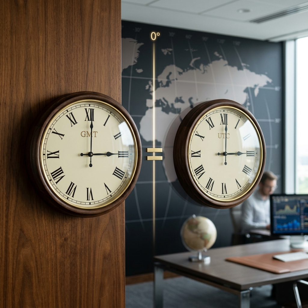 Two clocks showing GMT and UTC at the same time, demonstrating their identical UTC+0 offset