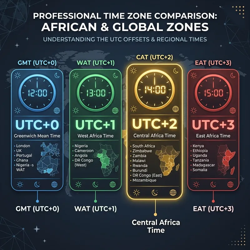 Infographic comparing GMT (UTC+0), WAT (UTC+1), CAT (UTC+2), and EAT (UTC+3) African time zones