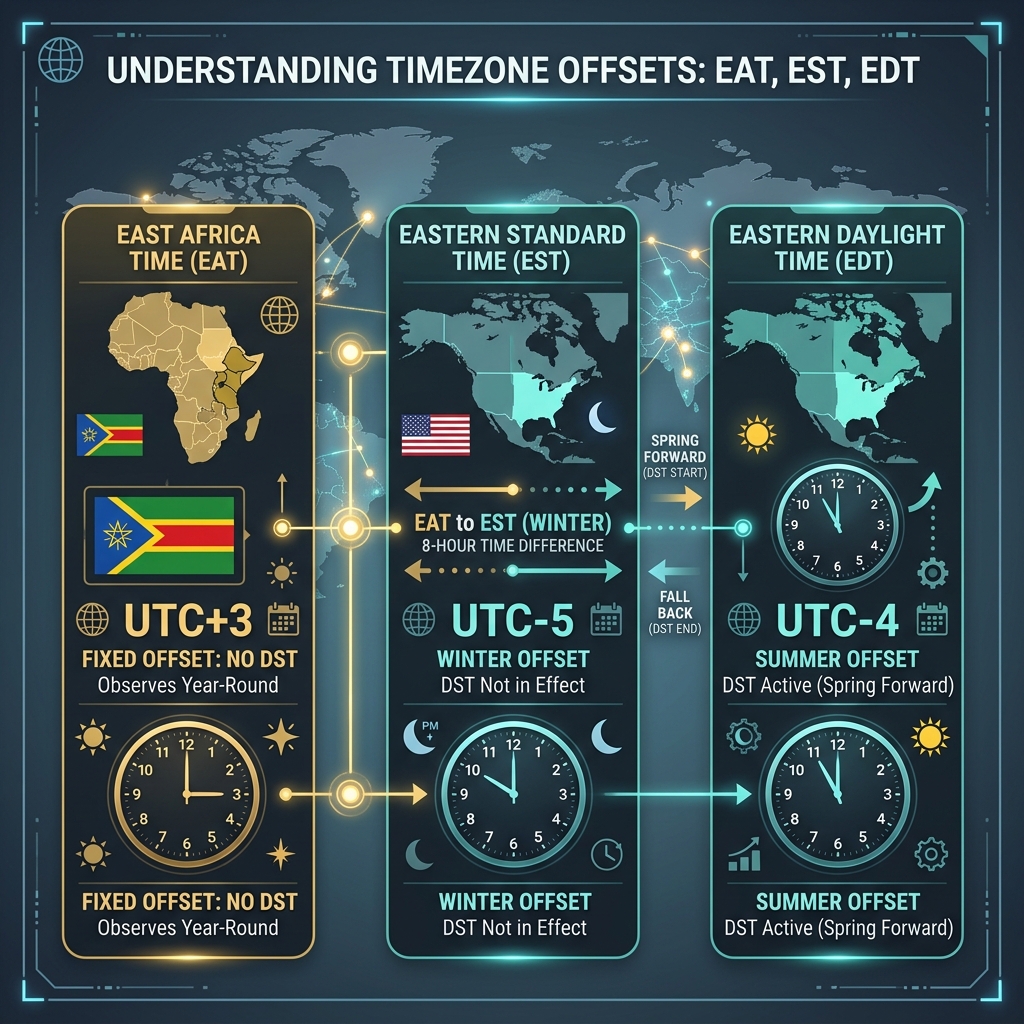 Map diagram illustrating the relationship between GMT, CET, CEST, and MEST
