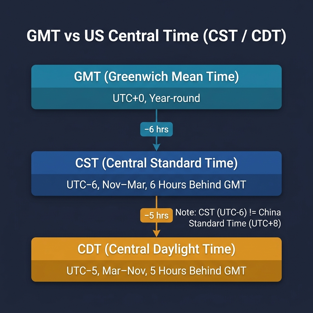 Infographic comparing GMT (UTC+0), CST (UTC-6), and CDT (UTC-5) showing seasonal offset differences