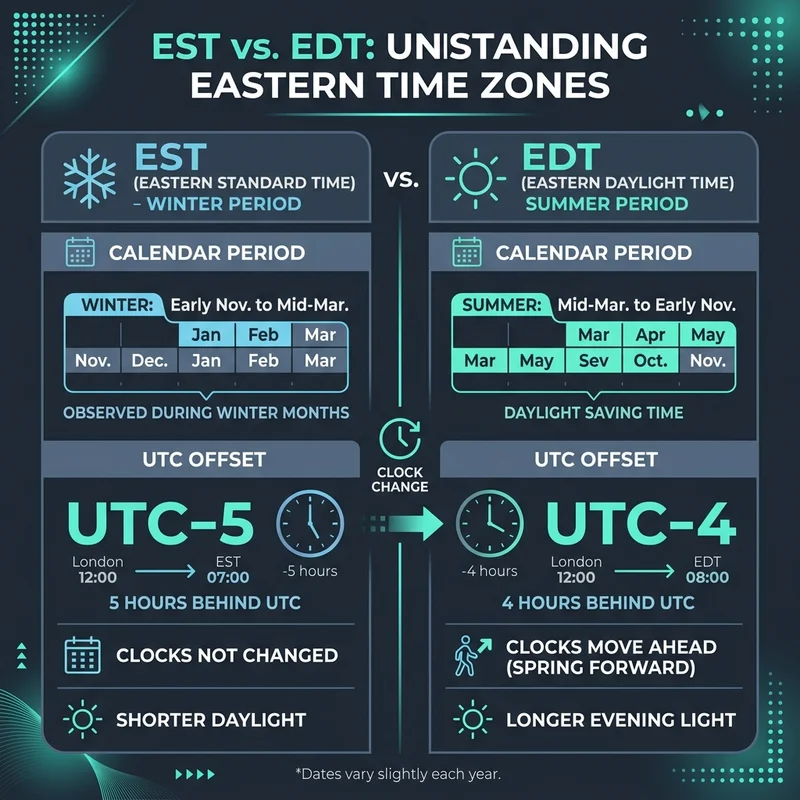 Infographic comparing GMT (UTC+0), EDT (UTC-4), and EST (UTC-5)