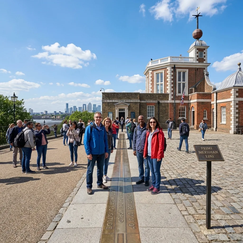 The Prime Meridian line at Greenwich Observatory marking zero degrees longitude