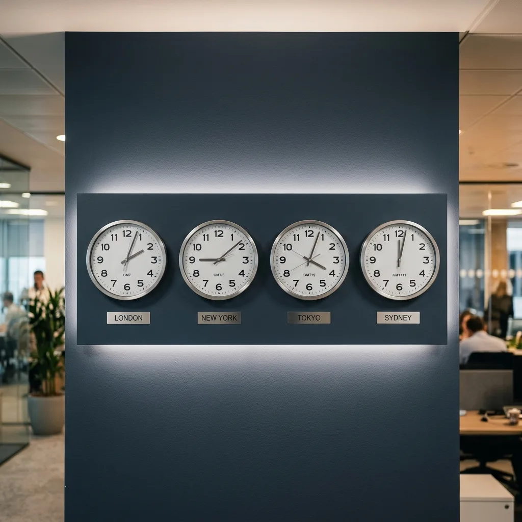 GMT time conversion diagram showing equivalent times in New York, London, Tokyo, and Sydney
