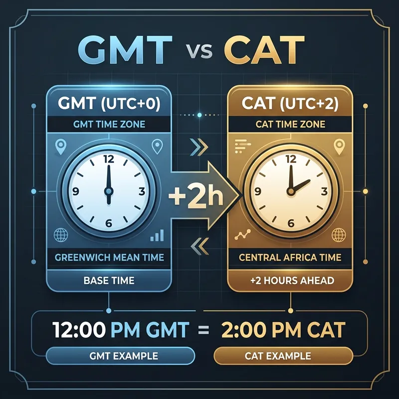 Timezone graphic showing the 2-hour offset between GMT (UTC+0) and CAT (UTC+2)