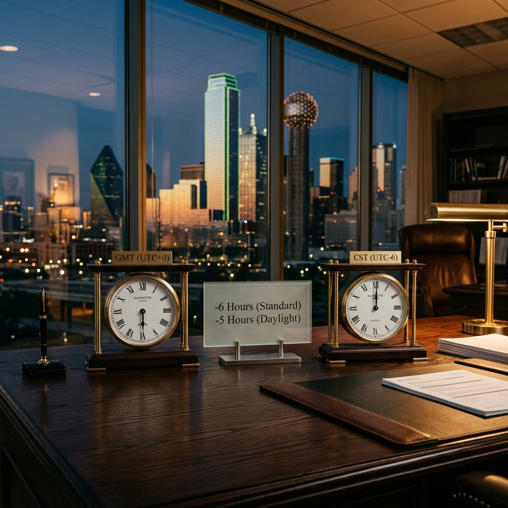 Executive desk setup showing clocks for GMT (6:00 PM) and CST (12:00 PM) with a 6-hour difference