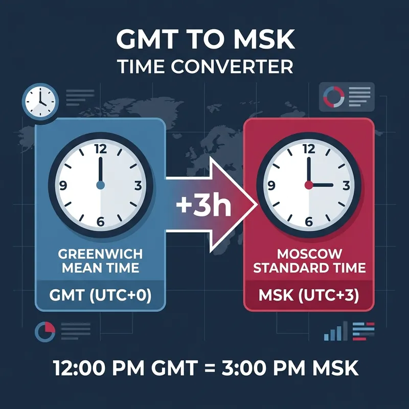 Timezone graphic showing the 3-hour difference between GMT (UTC+0) and MSK (UTC+3)