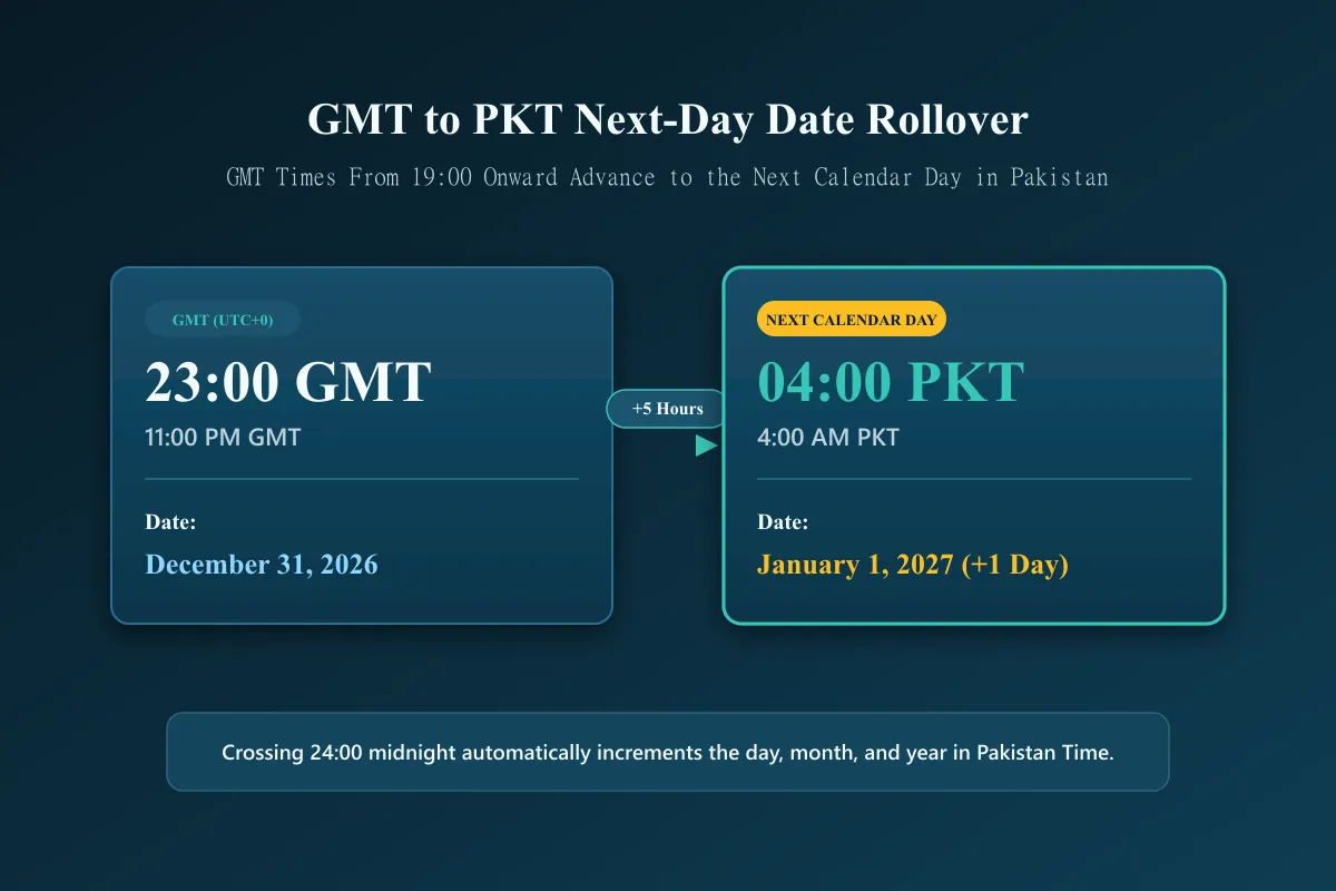 GMT to PKT conversion showing next day date rollover