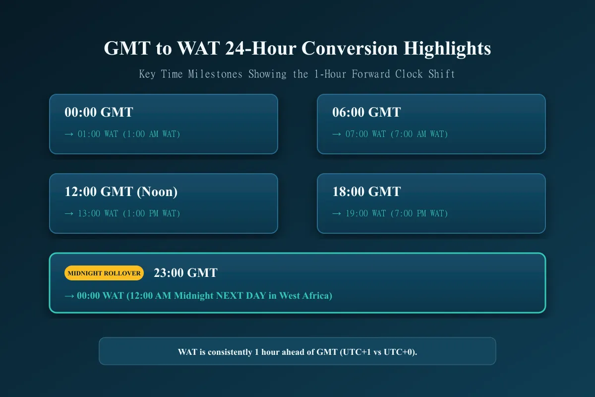 GMT to WAT conversion examples showing one hour time difference