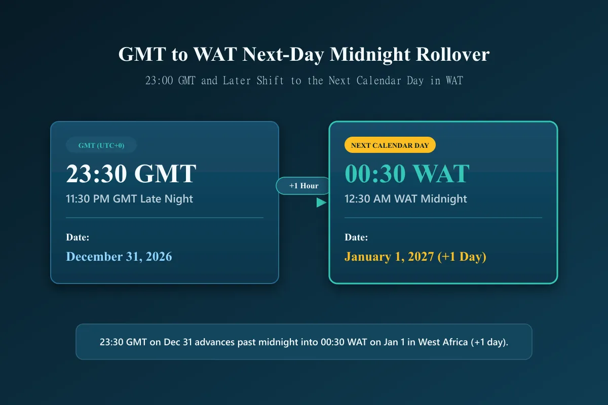 GMT to WAT next day conversion showing midnight date rollover