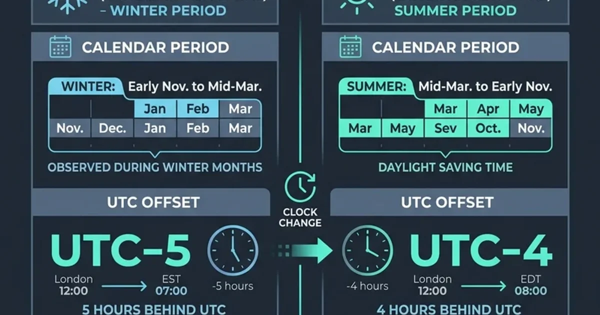 GMT vs EST time zone comparison diagram showing the five-hour winter offset and four-hour summer daylight saving difference