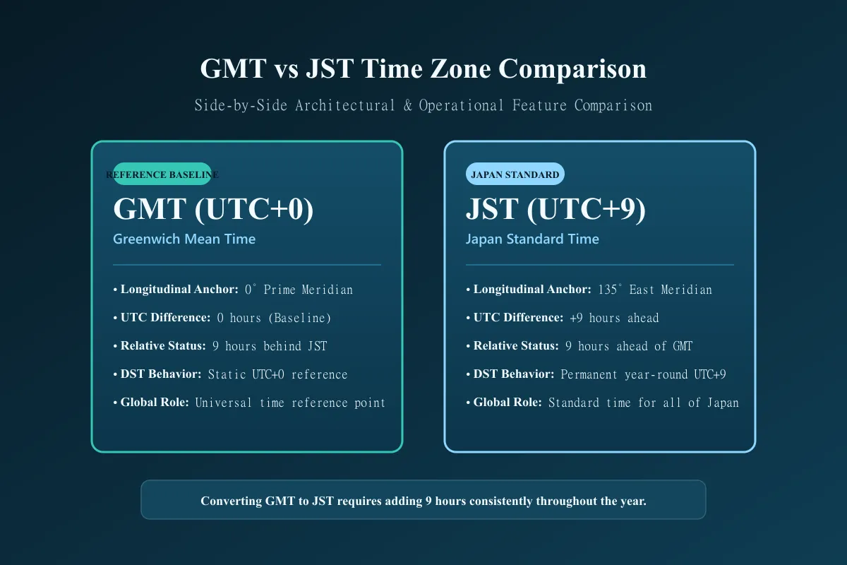 GMT versus JST comparison showing UTC offsets