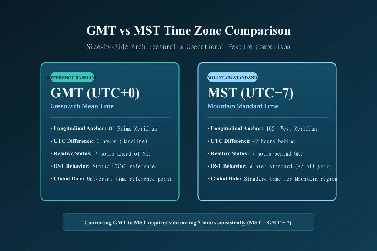 GMT versus MST comparison showing UTC offsets and seven hour difference