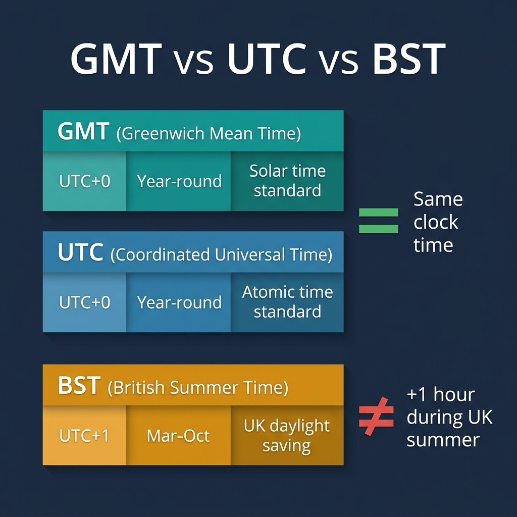 Infographic comparing GMT (UTC+0), UTC (UTC+0), and BST (UTC+1) showing that GMT equals UTC but BST is different