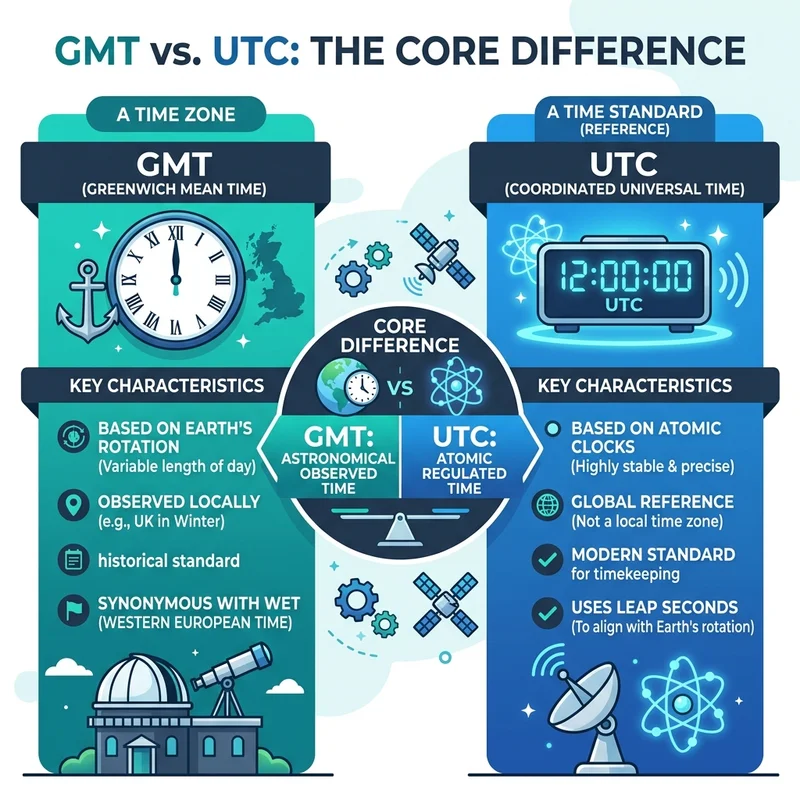 Quick Difference Infographic showing GMT as a timezone and UTC as a time standard
