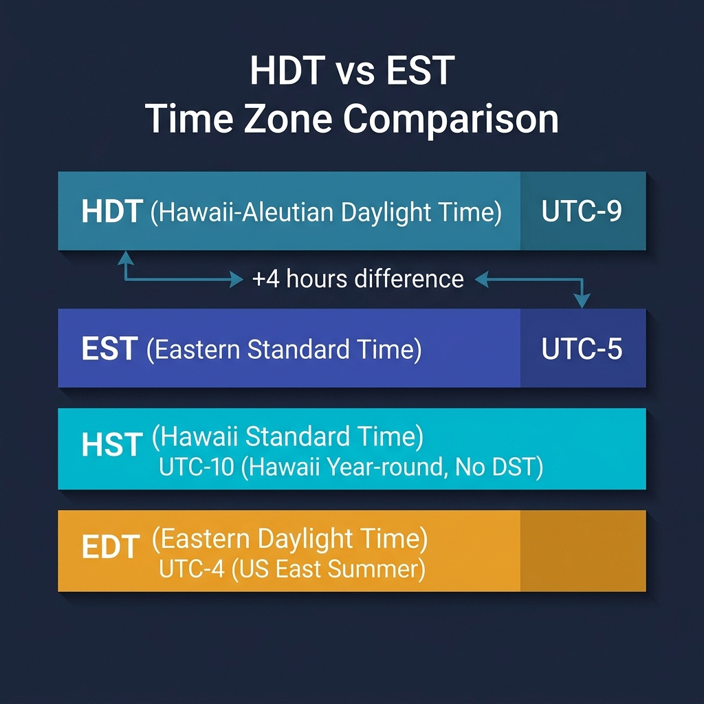 Infographic comparing HDT (UTC-9), EST (UTC-5), HST (UTC-10), and EDT (UTC-4)