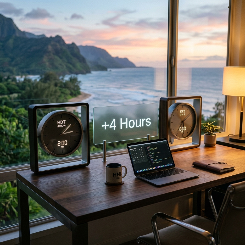 Dual clock setup comparing HDT at 2:00 PM with EST at 6:00 PM showing a 4-hour difference