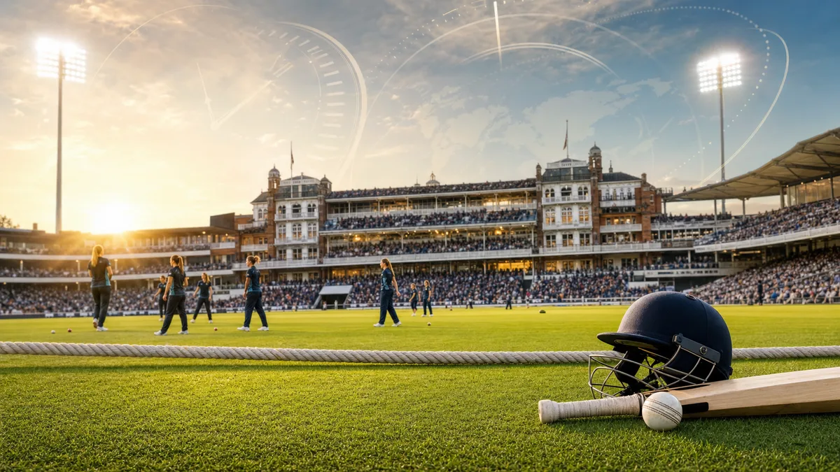 ICC Women's T20 World Cup 2026 final GMT and EST time guide with historic London cricket ground, floodlights and world clock graphics