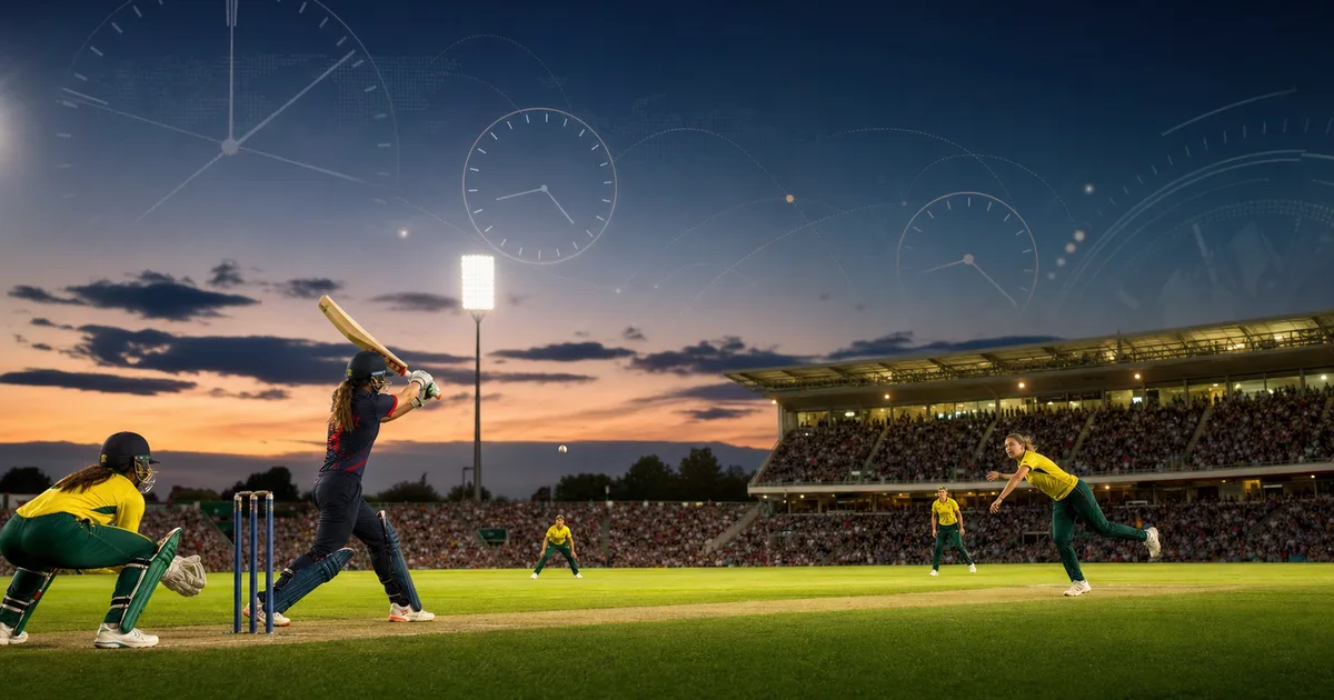 ICC Women's T20 World Cup 2026 schedule GMT and EST timezone guide with women's cricket match under lights and world clock graphics - Women's T20 World Cup 2026 GMT time